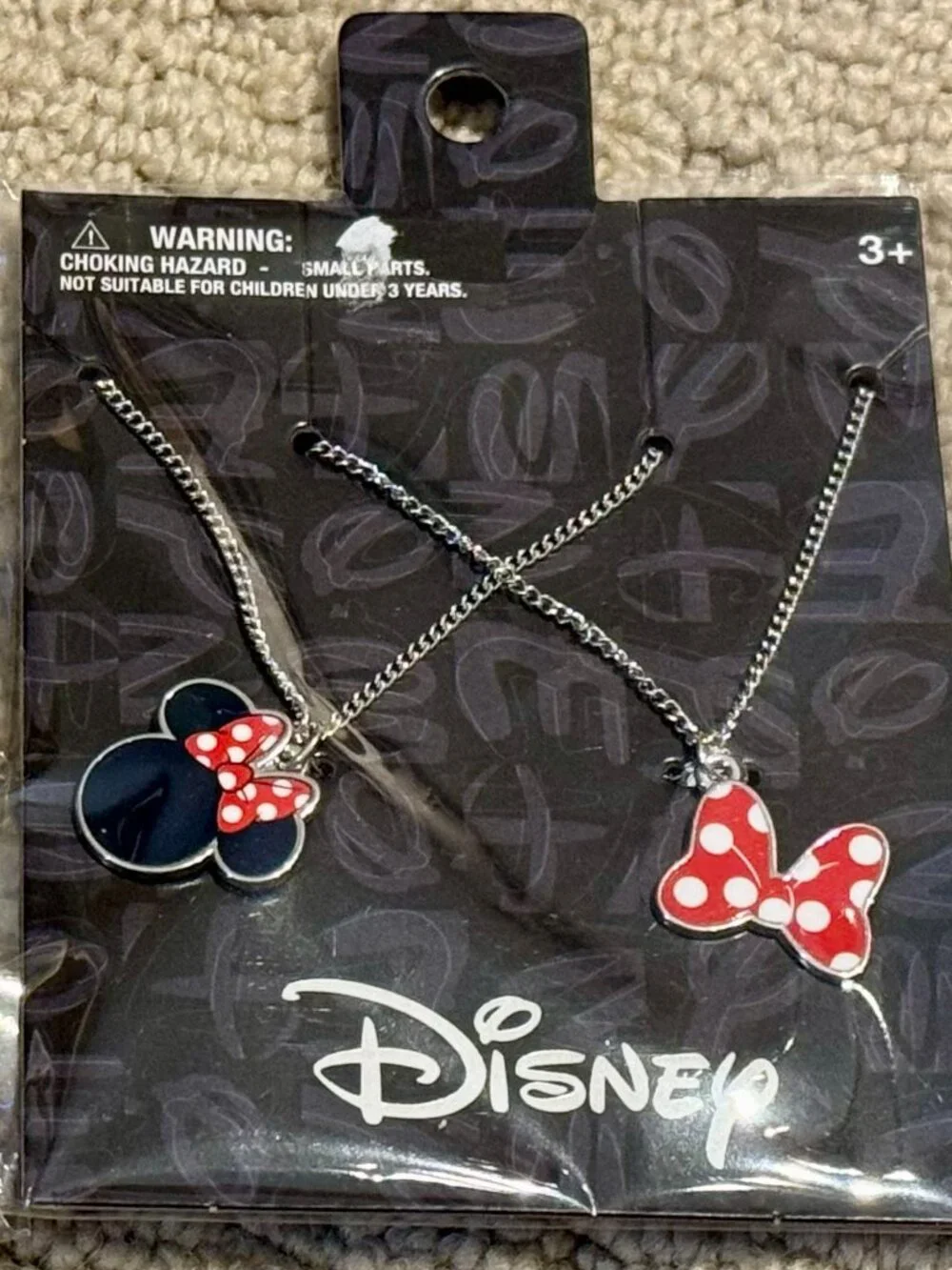 2 Silver Disney Minnie & Mickey Mouse Bows Necklaces